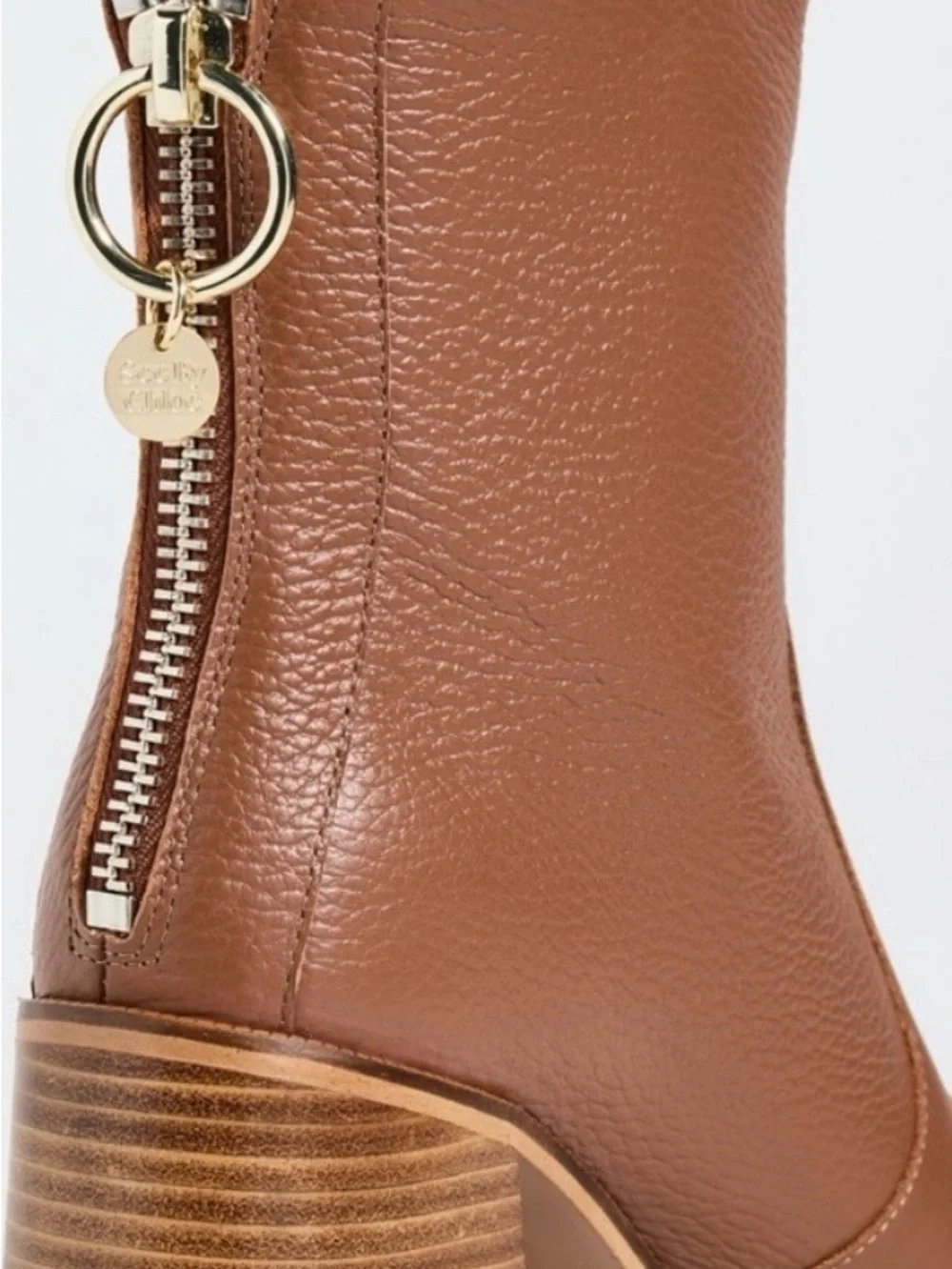Women's Designer See by Chloe Cognac Brown Leather Block Heel Aryal Ankle Boot